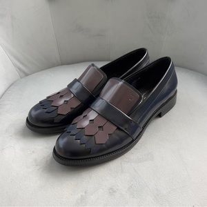 TOD’s Cordovan Burgundy & Blue Leather Kiltie Tassel Flap Loafers